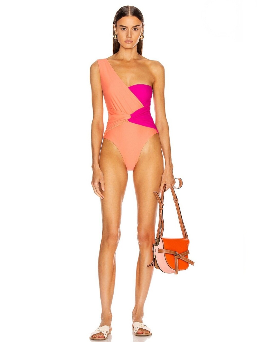 One-Shoulder Colorblock One-Piece Swimsuit - Coral & Fuchsia